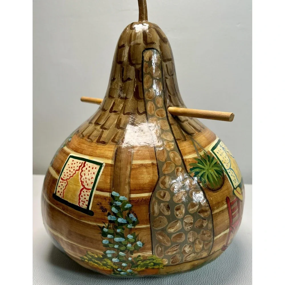Vintage Hand Painted Gourd Birdhouse Cabin Folk Art Bear Dog Rustic Log Home Dec